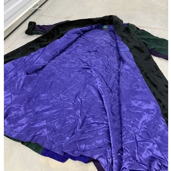 Vintage SFR Santa Fe Re-Creations Patchwork Coat Faux Fur Trim Purple Green Med - Picture 3 of 9